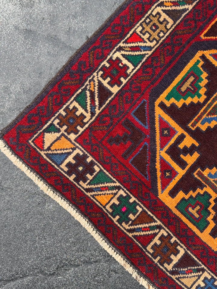 3x4-5 Handmade Vintage Afghan Baluch Rug | Red Crimson Blood Wine Burgundy Cream Gold Mustard Yellow Orange Forest Green Blue Tan Brown