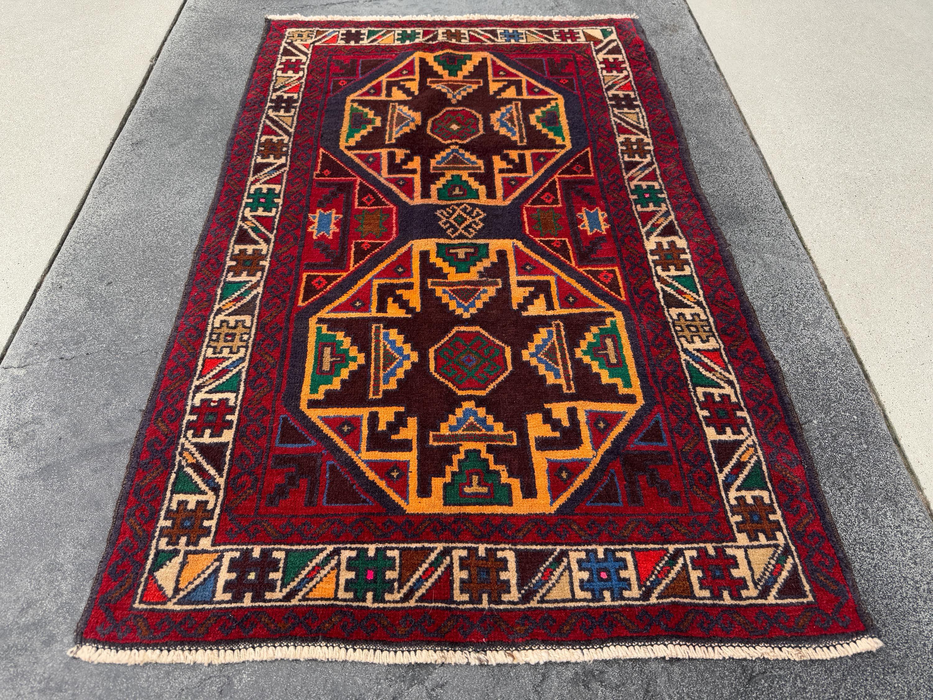 3x4-5 Handmade Vintage Afghan Baluch Rug | Red Crimson Blood Wine Burgundy Cream Gold Mustard Yellow Orange Forest Green Blue Tan Brown