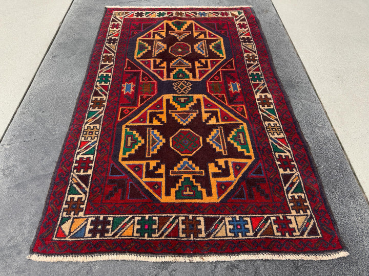 3x4-5 Handmade Vintage Afghan Baluch Rug | Red Crimson Blood Wine Burgundy Cream Gold Mustard Yellow Orange Forest Green Blue Tan Brown
