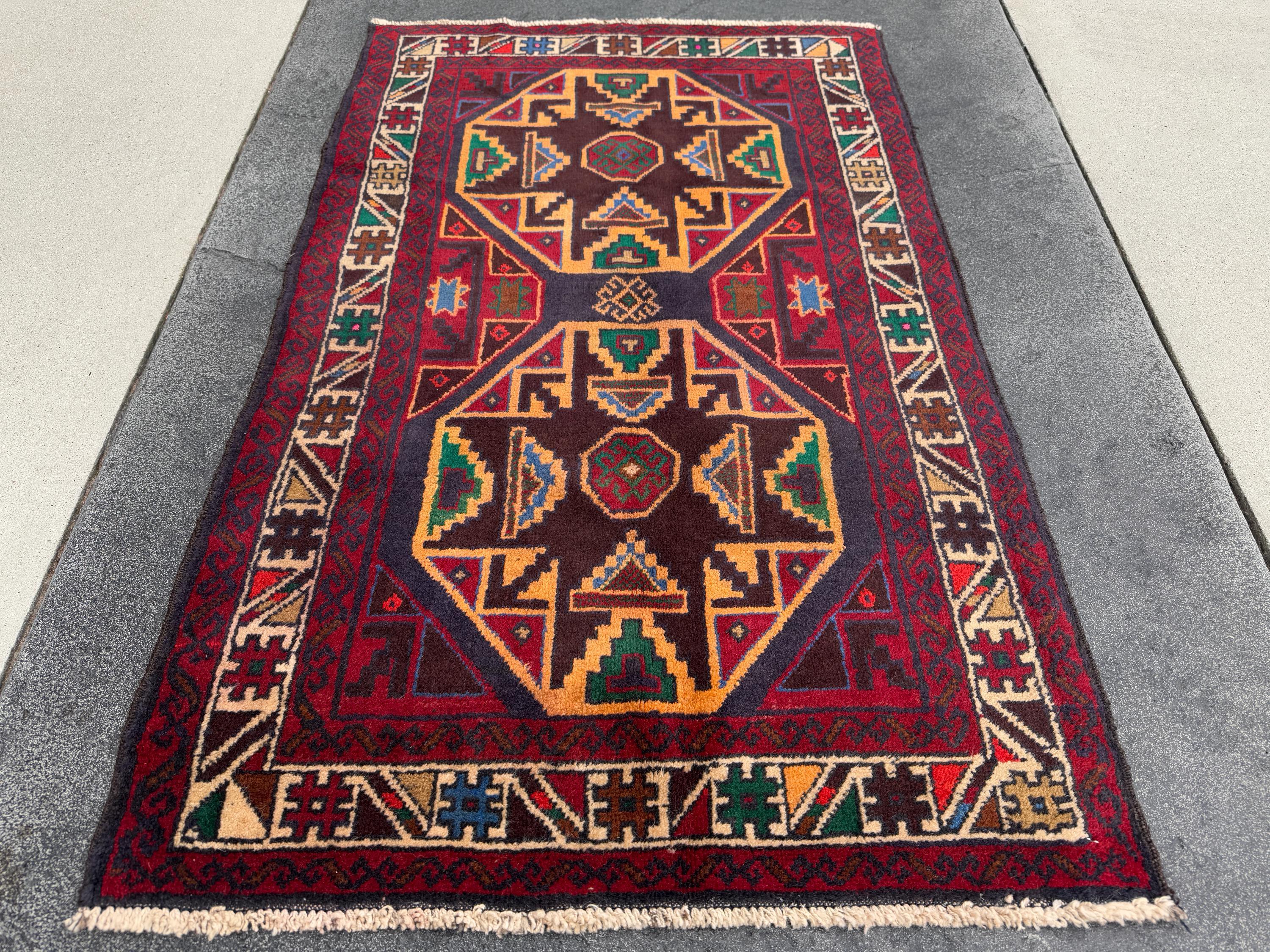 3x4-5 Handmade Vintage Afghan Baluch Rug | Red Crimson Blood Wine Burgundy Cream Gold Mustard Yellow Orange Forest Green Blue Tan Brown