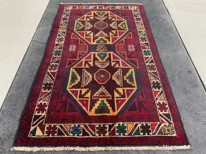 3x4-5 Handmade Vintage Afghan Baluch Rug | Red Crimson Blood Wine Burgundy Cream Gold Mustard Yellow Orange Forest Green Blue Tan Brown