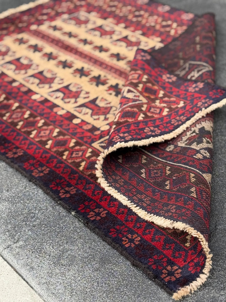 3x4-5 Handmade Vintage Afghan Baluch Rug | Garnet Cherry Crimson Wine Burgundy Red Cream Sand Brown Orange Midnight Blue Black Coral Pink