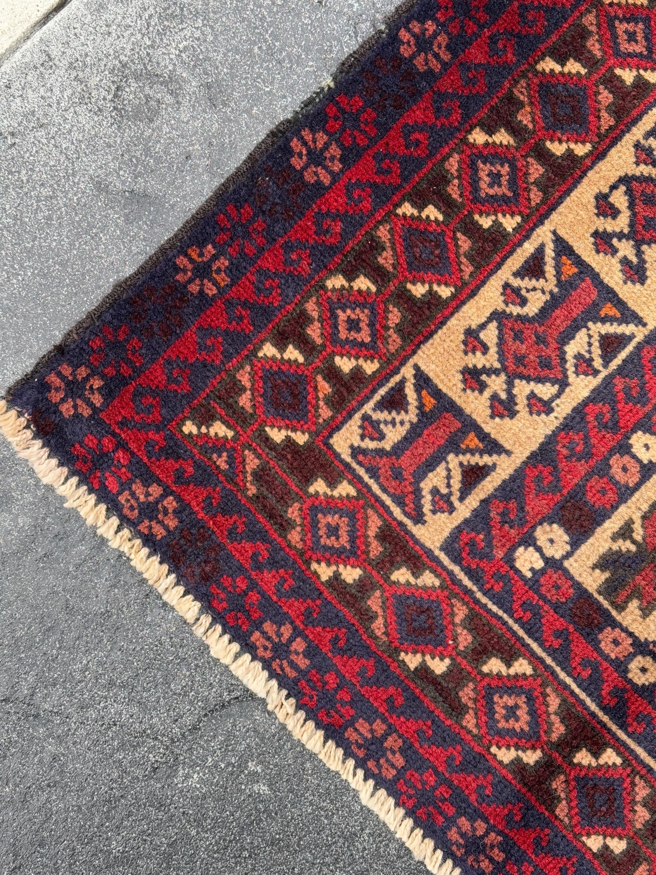3x4-5 Handmade Vintage Afghan Baluch Rug | Garnet Cherry Crimson Wine Burgundy Red Cream Sand Brown Orange Midnight Blue Black Coral Pink