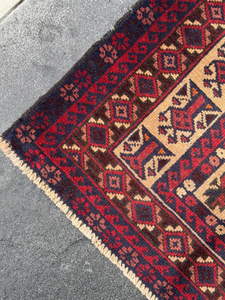 3x4-5 Handmade Vintage Afghan Baluch Rug | Garnet Cherry Crimson Wine Burgundy Red Cream Sand Brown Orange Midnight Blue Black Coral Pink
