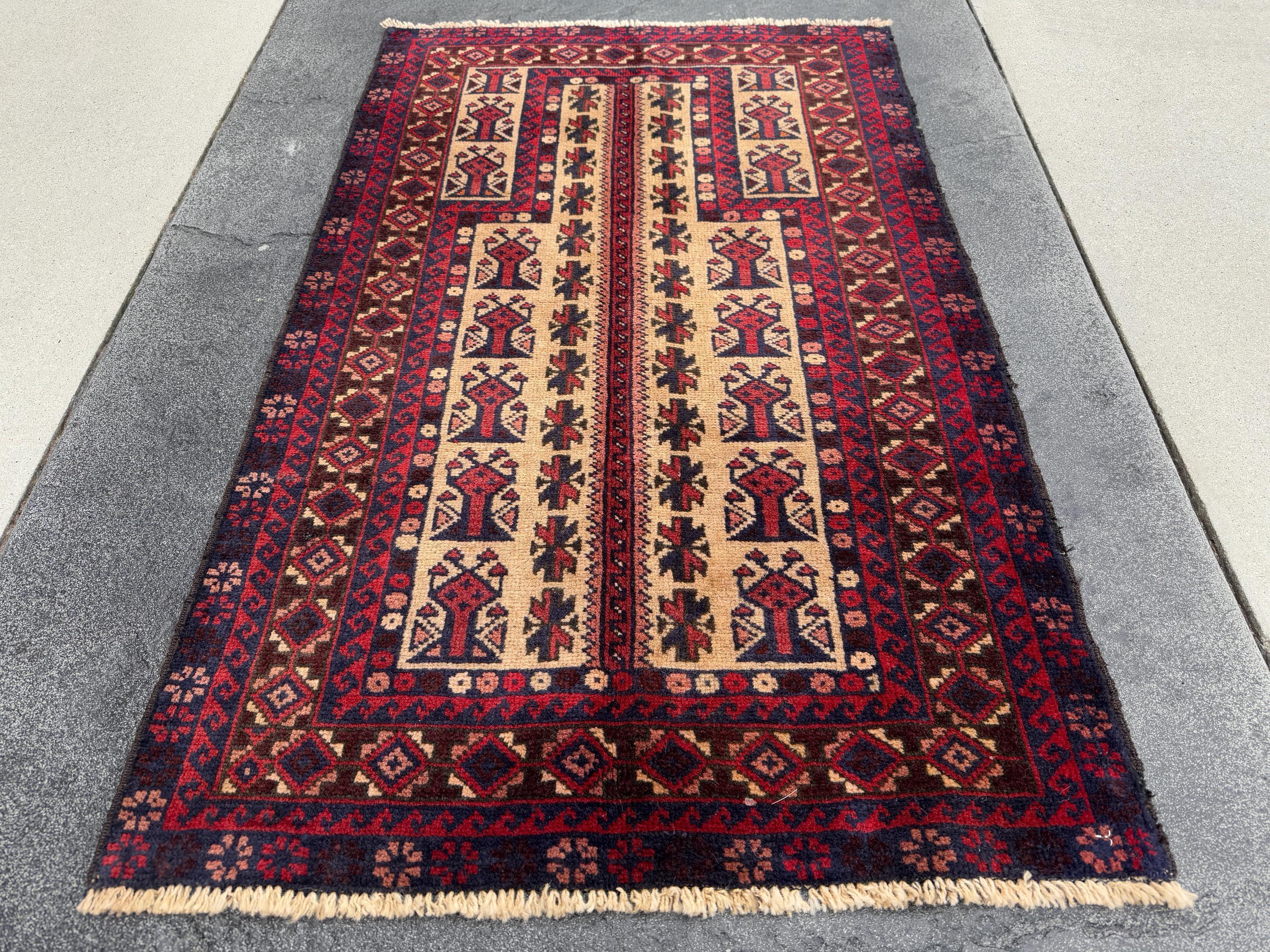 3x4-5 Handmade Vintage Afghan Baluch Rug | Garnet Cherry Crimson Wine Burgundy Red Cream Sand Brown Orange Midnight Blue Black Coral Pink
