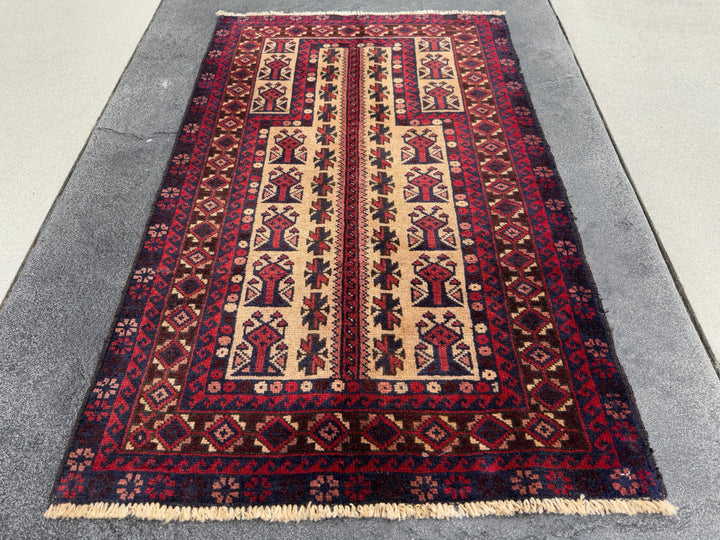 3x4-5 Handmade Vintage Afghan Baluch Rug | Garnet Cherry Crimson Wine Burgundy Red Cream Sand Brown Orange Midnight Blue Black Coral Pink