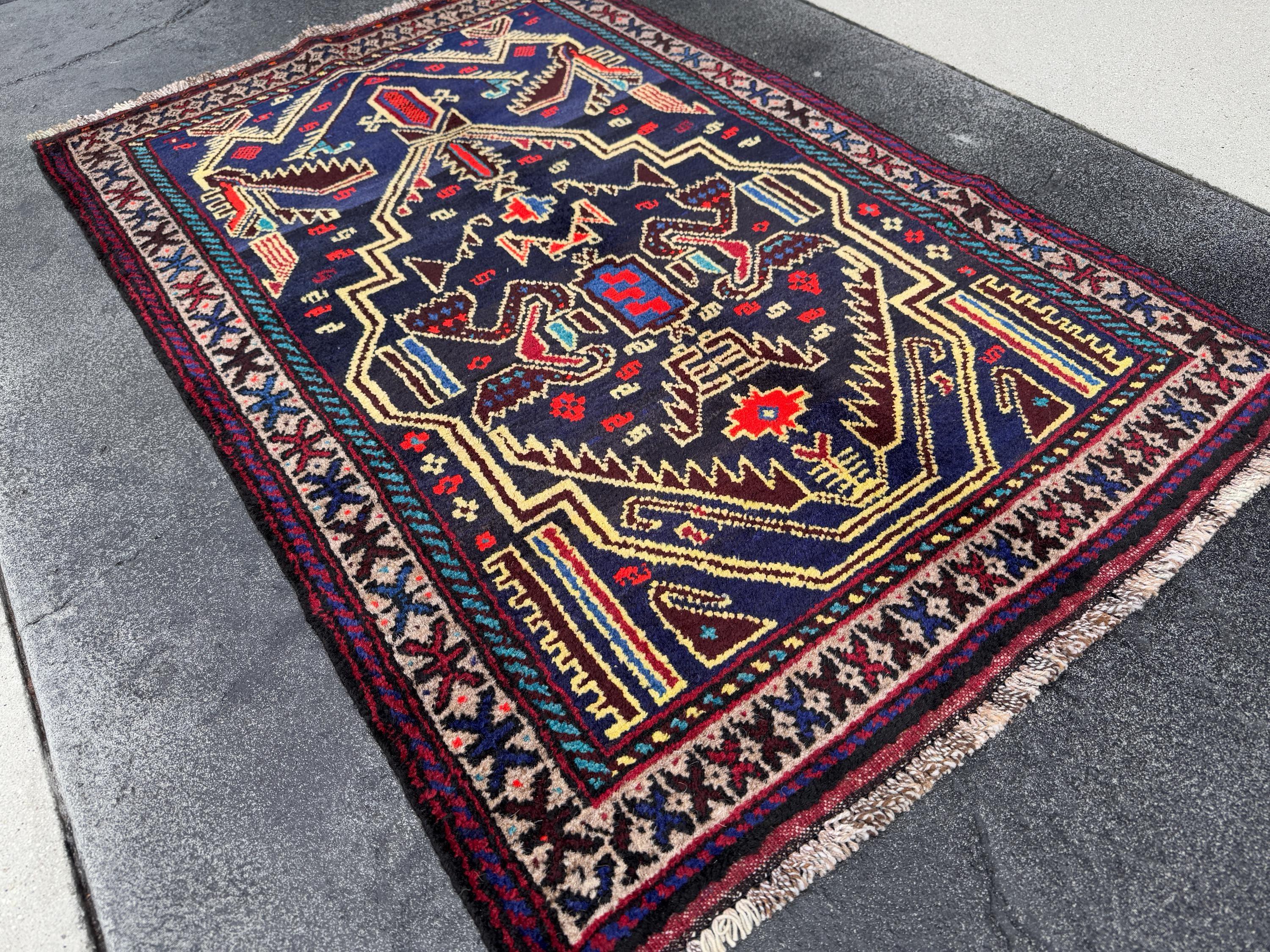 3x4 Handmade Vintage Afghan Baluch Rug | Midnight Navy Denim Aqua Blue Cornsilk Yellow Crimson Wine Blood Red Taupe Black Plum | Wool