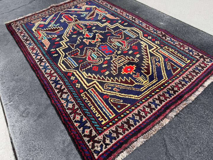 3x4 Handmade Vintage Afghan Baluch Rug | Midnight Navy Denim Aqua Blue Cornsilk Yellow Crimson Wine Blood Red Taupe Black Plum | Wool