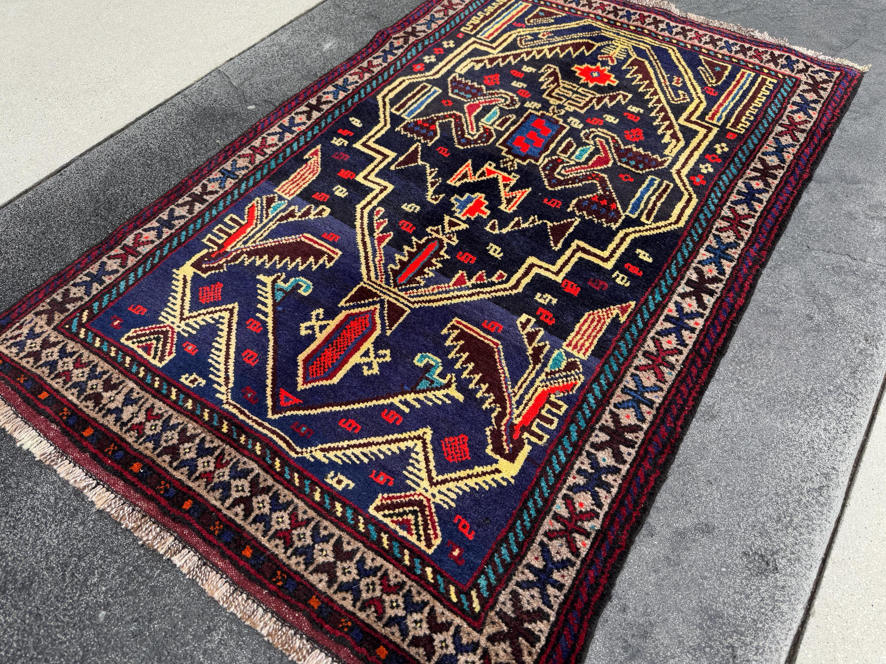 3x4 Handmade Vintage Afghan Baluch Rug | Midnight Navy Denim Aqua Blue Cornsilk Yellow Crimson Wine Blood Red Taupe Black Plum | Wool