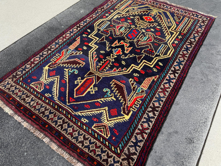 3x4 Handmade Vintage Afghan Baluch Rug | Midnight Navy Denim Aqua Blue Cornsilk Yellow Crimson Wine Blood Red Taupe Black Plum | Wool