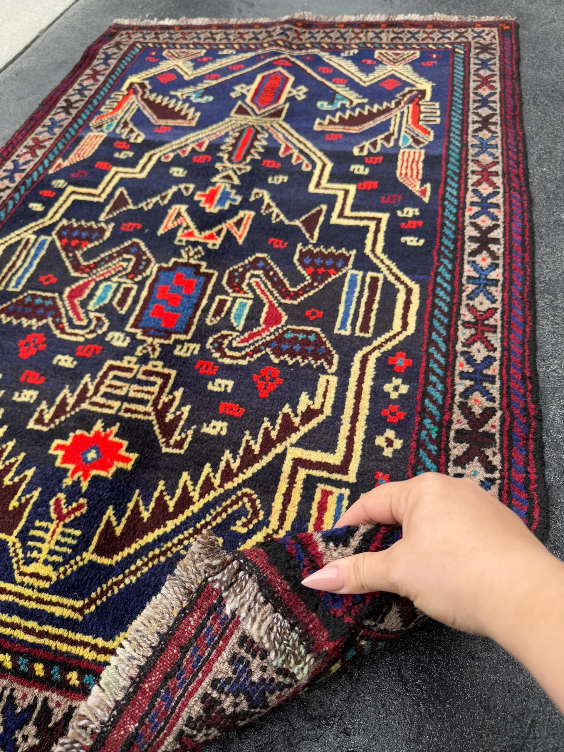 3x4 Handmade Vintage Afghan Baluch Rug | Midnight Navy Denim Aqua Blue Cornsilk Yellow Crimson Wine Blood Red Taupe Black Plum | Wool