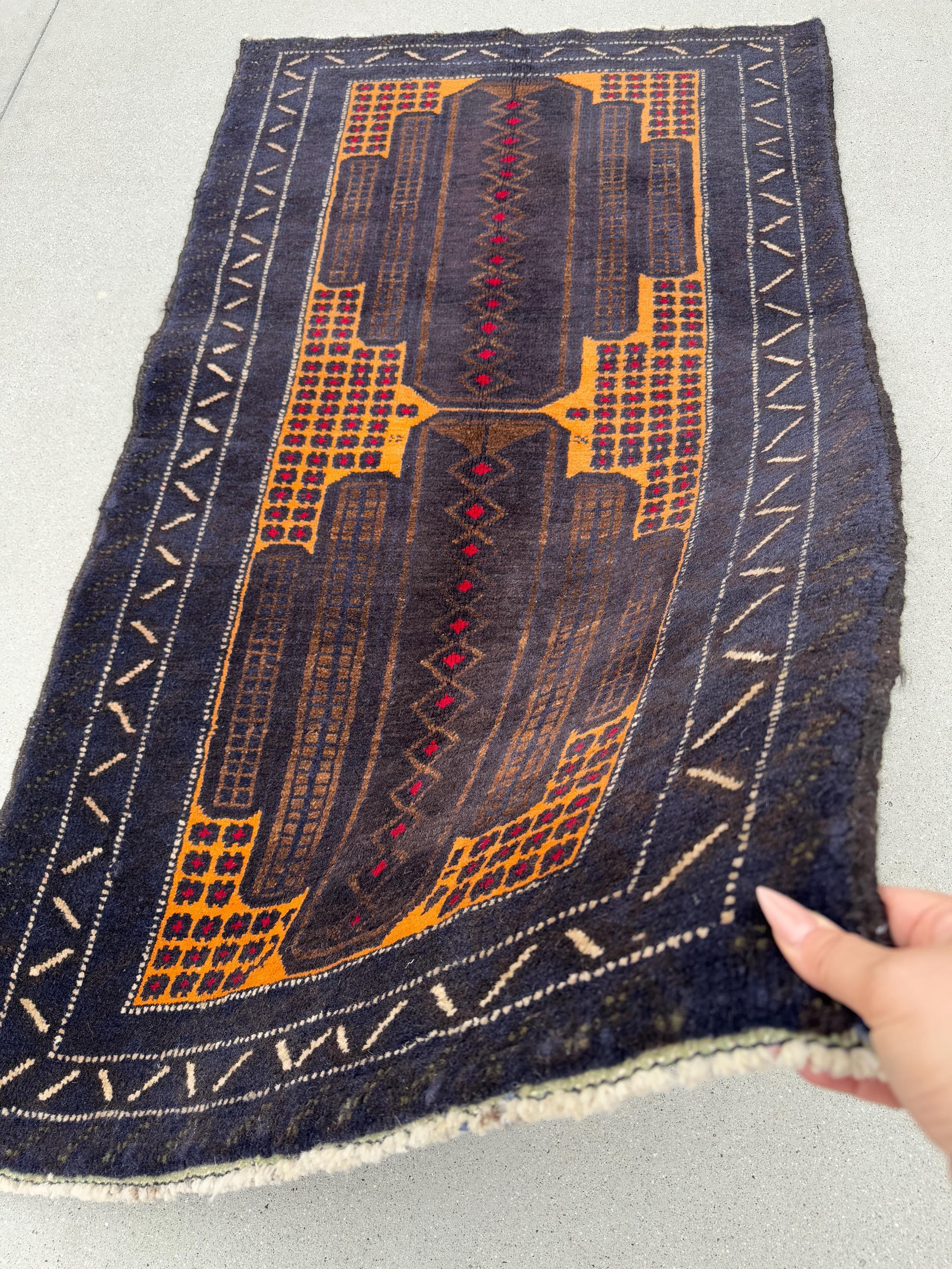 3x5 (91x152) Handmade Vintage Afghan Baluch Rug | Midnight Navy Blue Gold Mustard Yellow Coffee Beige Brown Cream Crimson Red | Wool