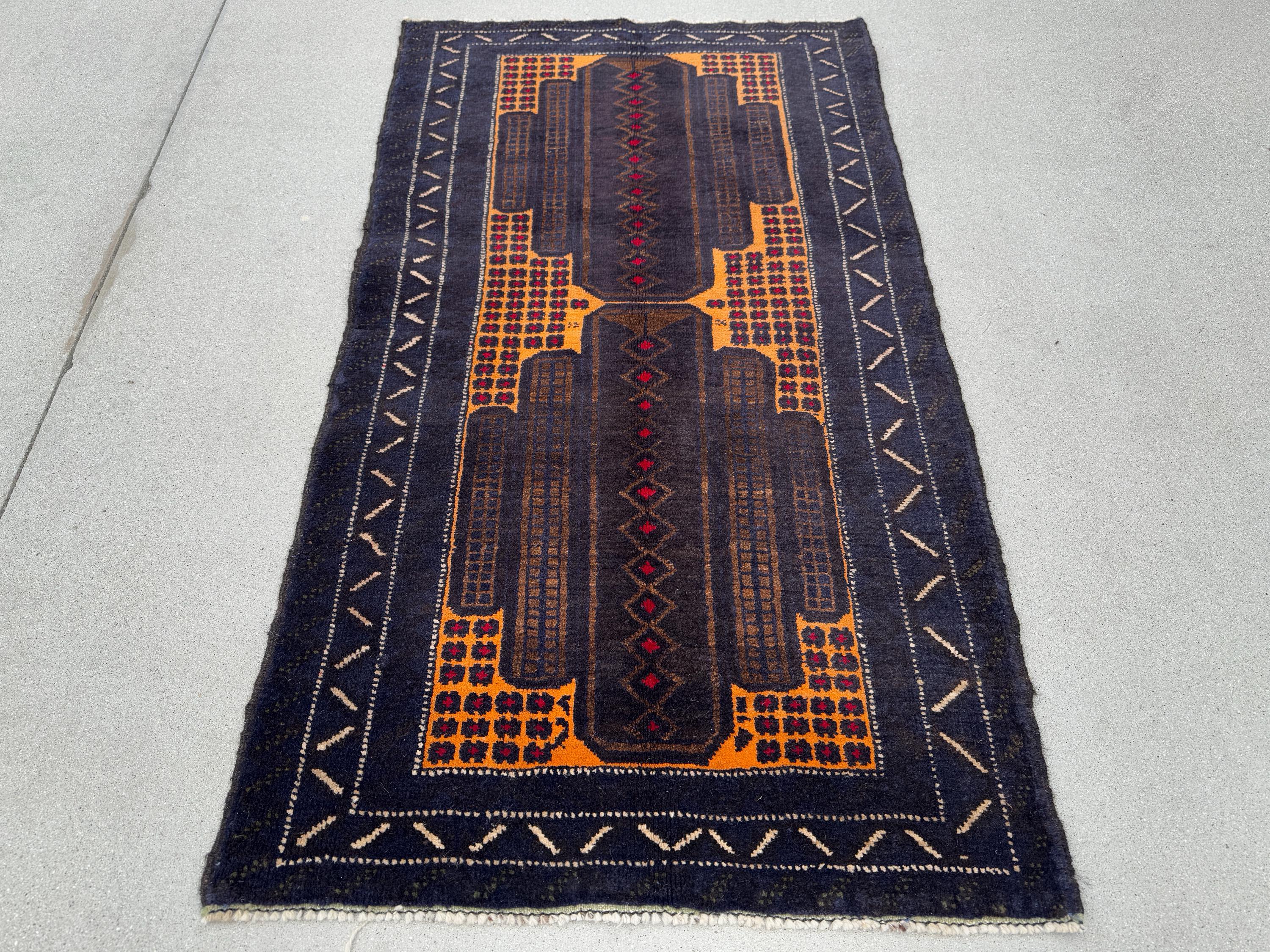 3x5 (91x152) Handmade Vintage Afghan Baluch Rug | Midnight Navy Blue Gold Mustard Yellow Coffee Beige Brown Cream Crimson Red | Wool