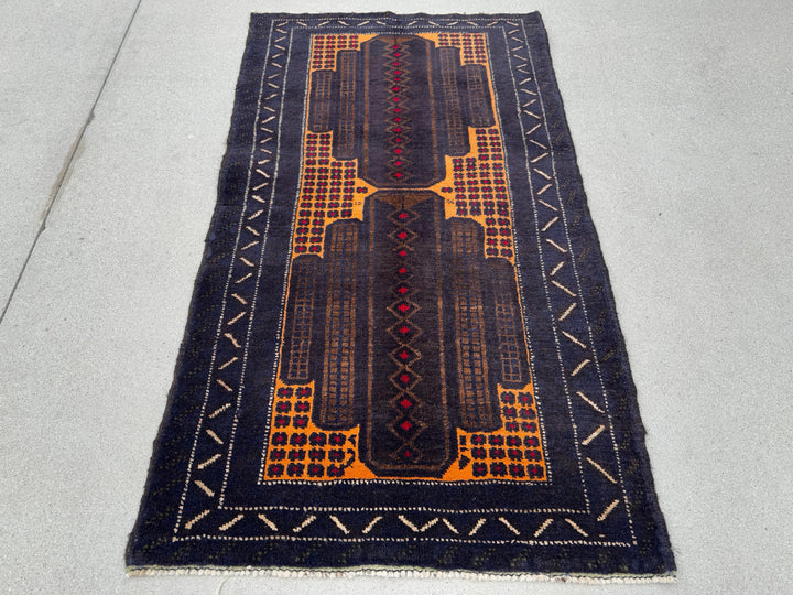 3x5 (91x152) Handmade Vintage Afghan Baluch Rug | Midnight Navy Blue Gold Mustard Yellow Coffee Beige Brown Cream Crimson Red | Wool