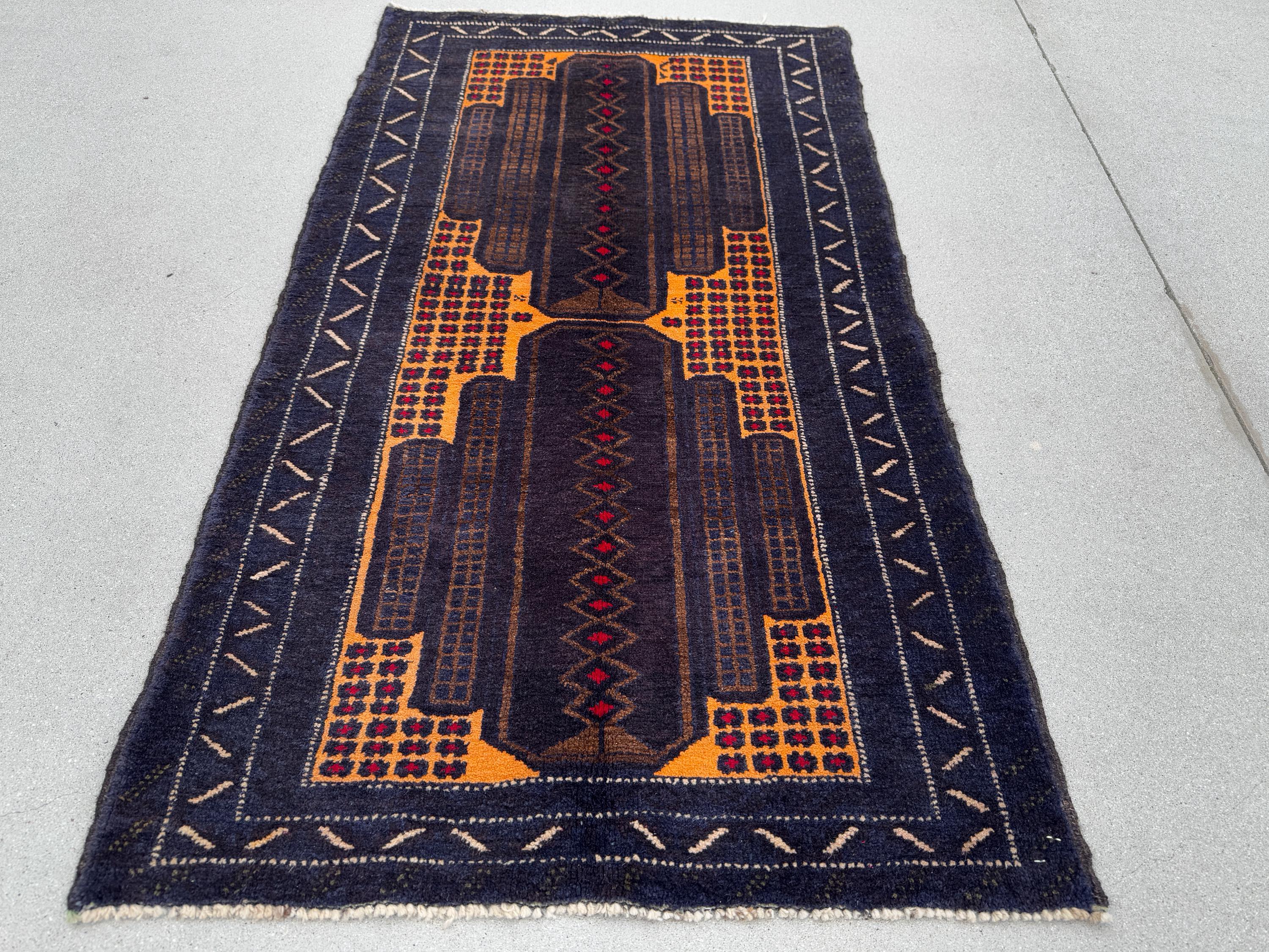 3x5 (91x152) Handmade Vintage Afghan Baluch Rug | Midnight Navy Blue Gold Mustard Yellow Coffee Beige Brown Cream Crimson Red | Wool