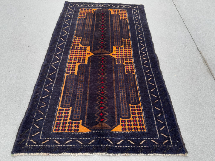 3x5 (91x152) Handmade Vintage Afghan Baluch Rug | Midnight Navy Blue Gold Mustard Yellow Coffee Beige Brown Cream Crimson Red | Wool