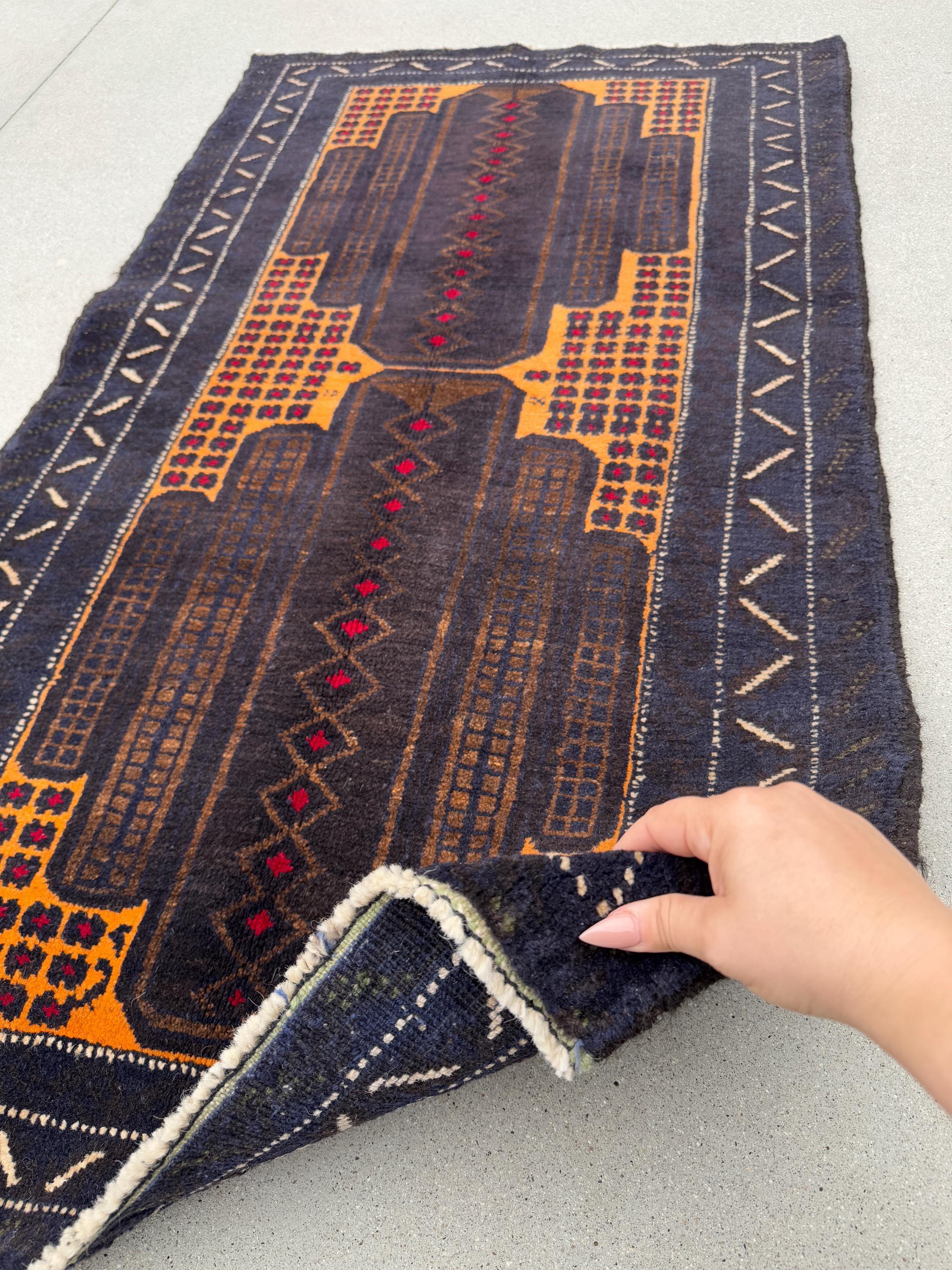 3x5 (91x152) Handmade Vintage Afghan Baluch Rug | Midnight Navy Blue Gold Mustard Yellow Coffee Beige Brown Cream Crimson Red | Wool
