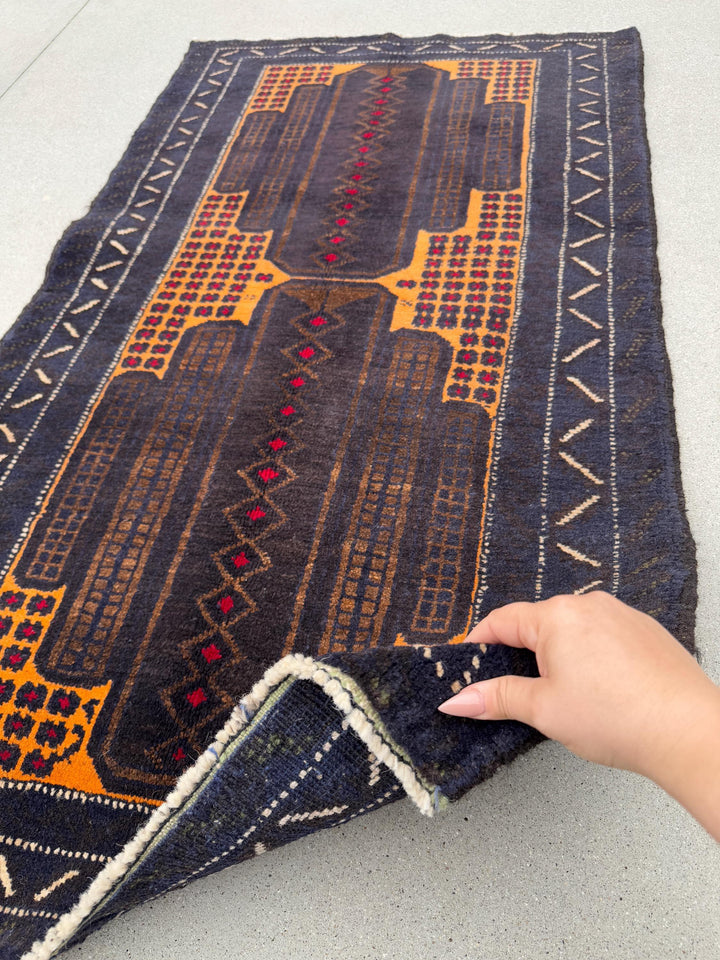3x5 (91x152) Handmade Vintage Afghan Baluch Rug | Midnight Navy Blue Gold Mustard Yellow Coffee Beige Brown Cream Crimson Red | Wool