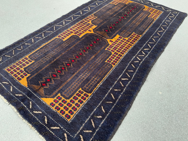 3x5 (91x152) Handmade Vintage Afghan Baluch Rug | Midnight Navy Blue Gold Mustard Yellow Coffee Beige Brown Cream Crimson Red | Wool