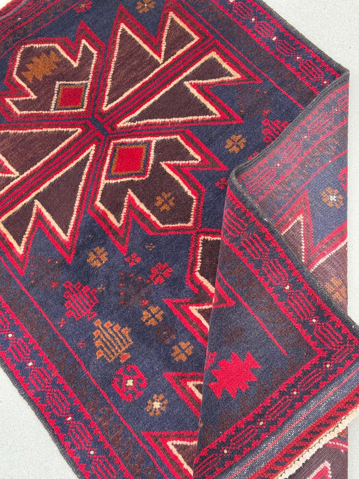 3x5 (91x152) Handmade Vintage Afghan Baluch Rug | Crimson Cherry Blood Burgundy Wine Red Midnight Blue Caramel Brown White Cream | Wool