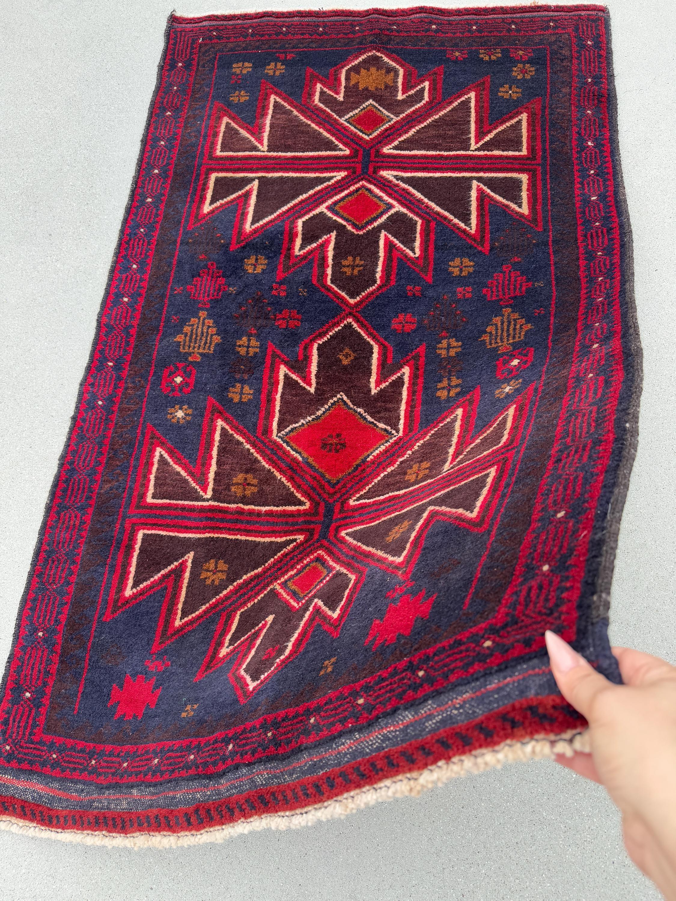 3x5 (91x152) Handmade Vintage Afghan Baluch Rug | Crimson Cherry Blood Burgundy Wine Red Midnight Blue Caramel Brown White Cream | Wool
