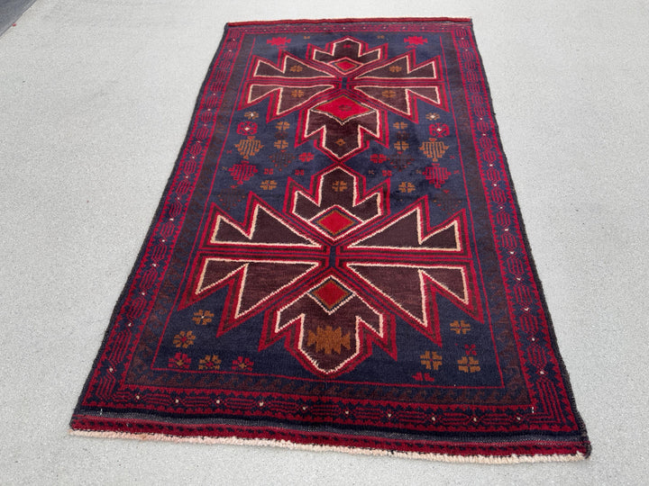 3x5 (91x152) Handmade Vintage Afghan Baluch Rug | Crimson Cherry Blood Burgundy Wine Red Midnight Blue Caramel Brown White Cream | Wool