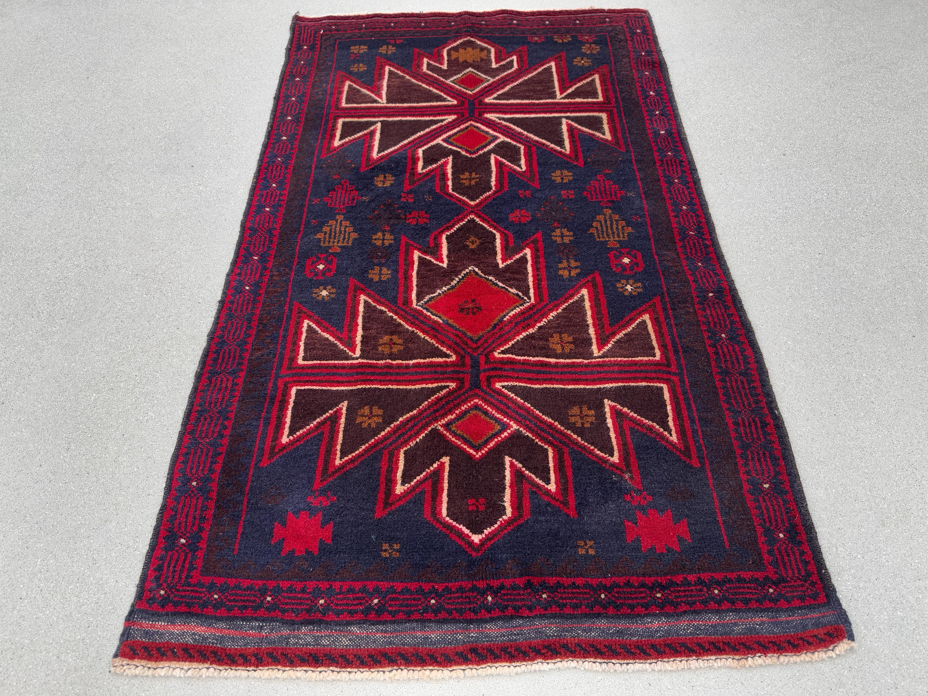 3x5 (91x152) Handmade Vintage Afghan Baluch Rug | Crimson Cherry Blood Burgundy Wine Red Midnight Blue Caramel Brown White Cream | Wool