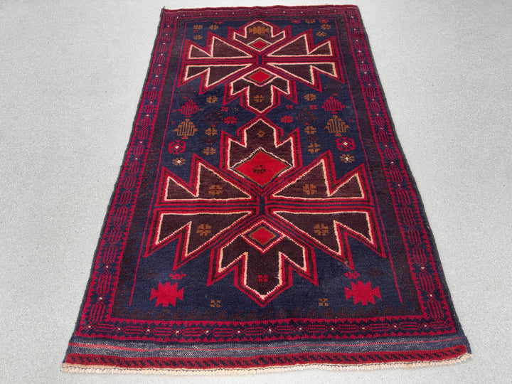 3x5 (91x152) Handmade Vintage Afghan Baluch Rug | Crimson Cherry Blood Burgundy Wine Red Midnight Blue Caramel Brown White Cream | Wool