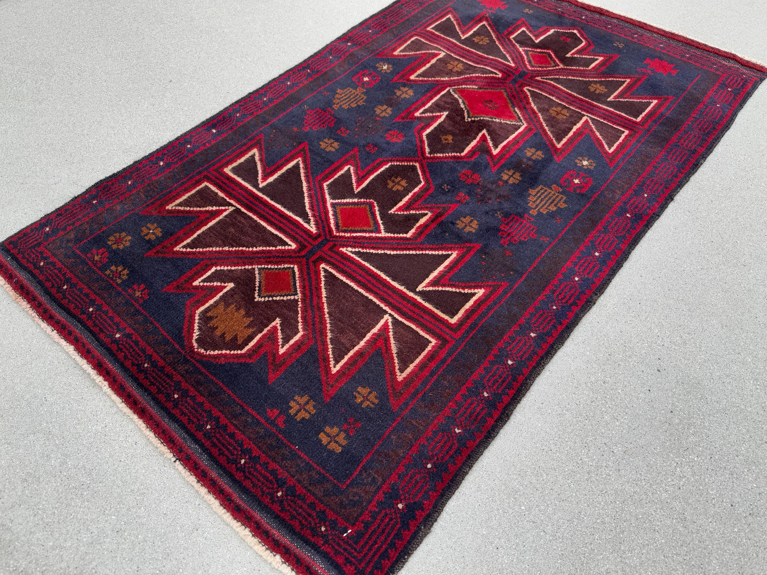 3x5 (91x152) Handmade Vintage Afghan Baluch Rug | Crimson Cherry Blood Burgundy Wine Red Midnight Blue Caramel Brown White Cream | Wool