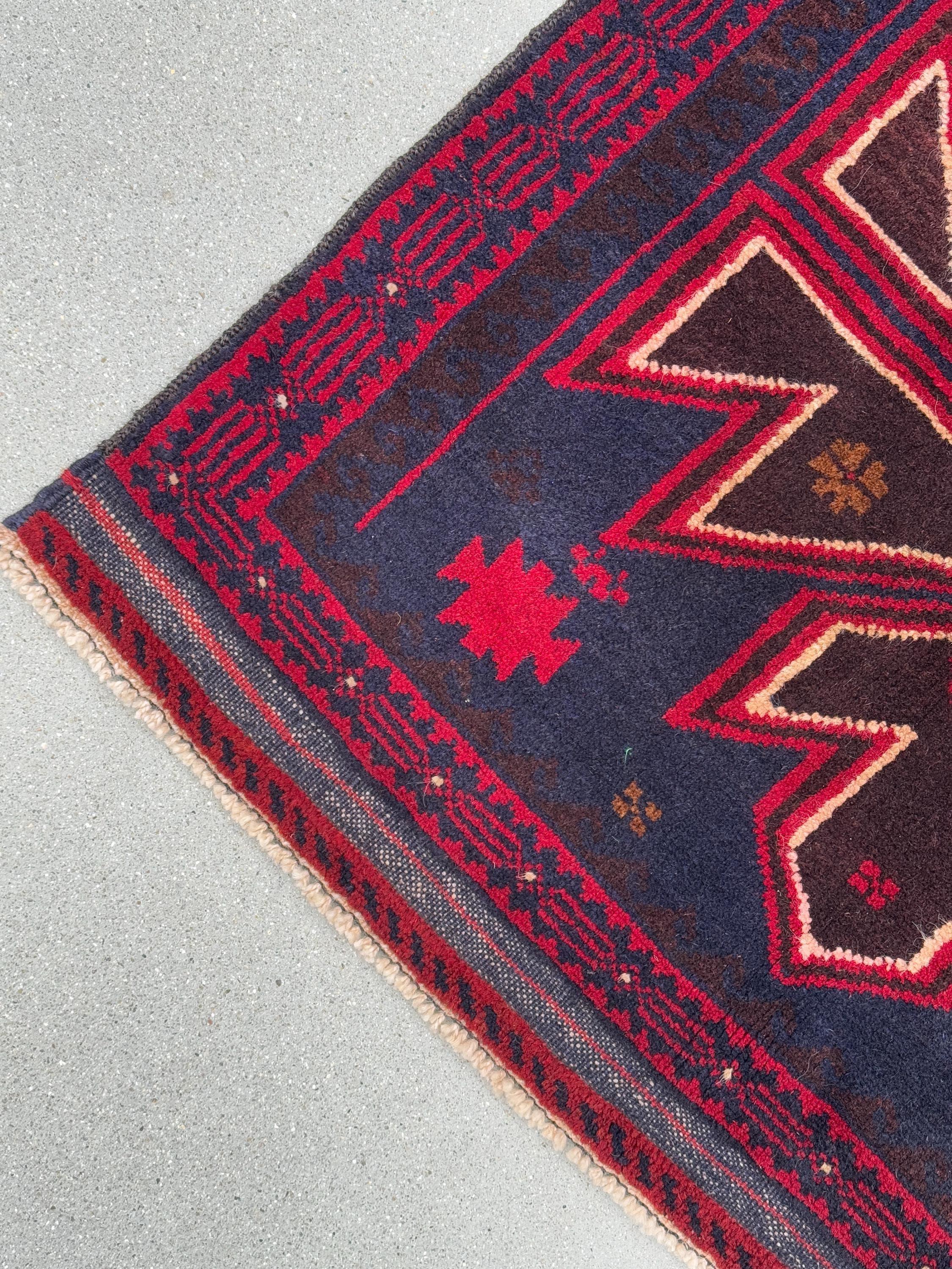 3x5 (91x152) Handmade Vintage Afghan Baluch Rug | Crimson Cherry Blood Burgundy Wine Red Midnight Blue Caramel Brown White Cream | Wool