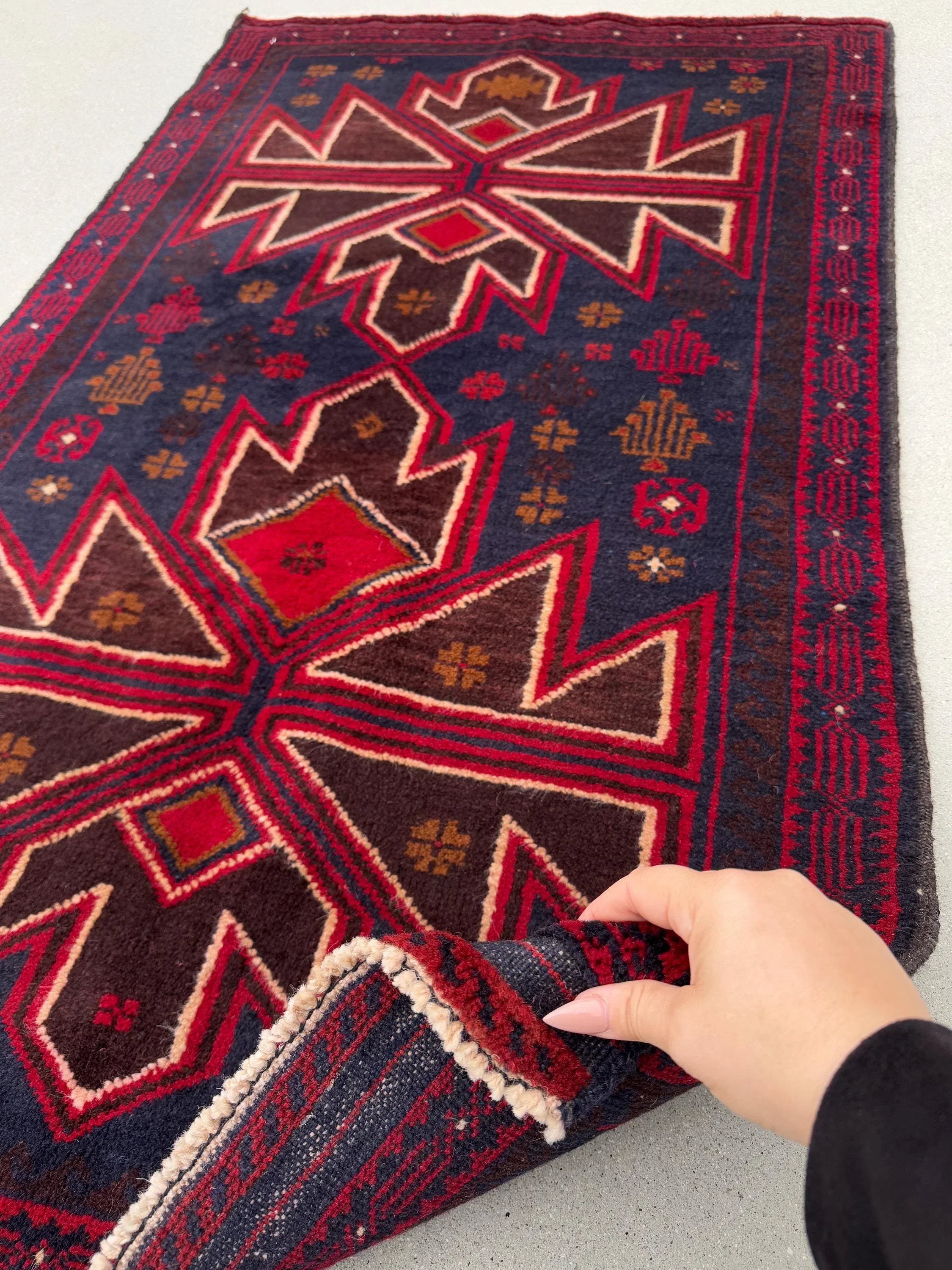 3x5 (91x152) Handmade Vintage Afghan Baluch Rug | Crimson Cherry Blood Burgundy Wine Red Midnight Blue Caramel Brown White Cream | Wool