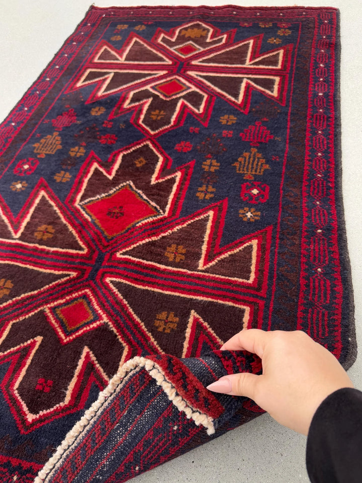3x5 (91x152) Handmade Vintage Afghan Baluch Rug | Crimson Cherry Blood Burgundy Wine Red Midnight Blue Caramel Brown White Cream | Wool