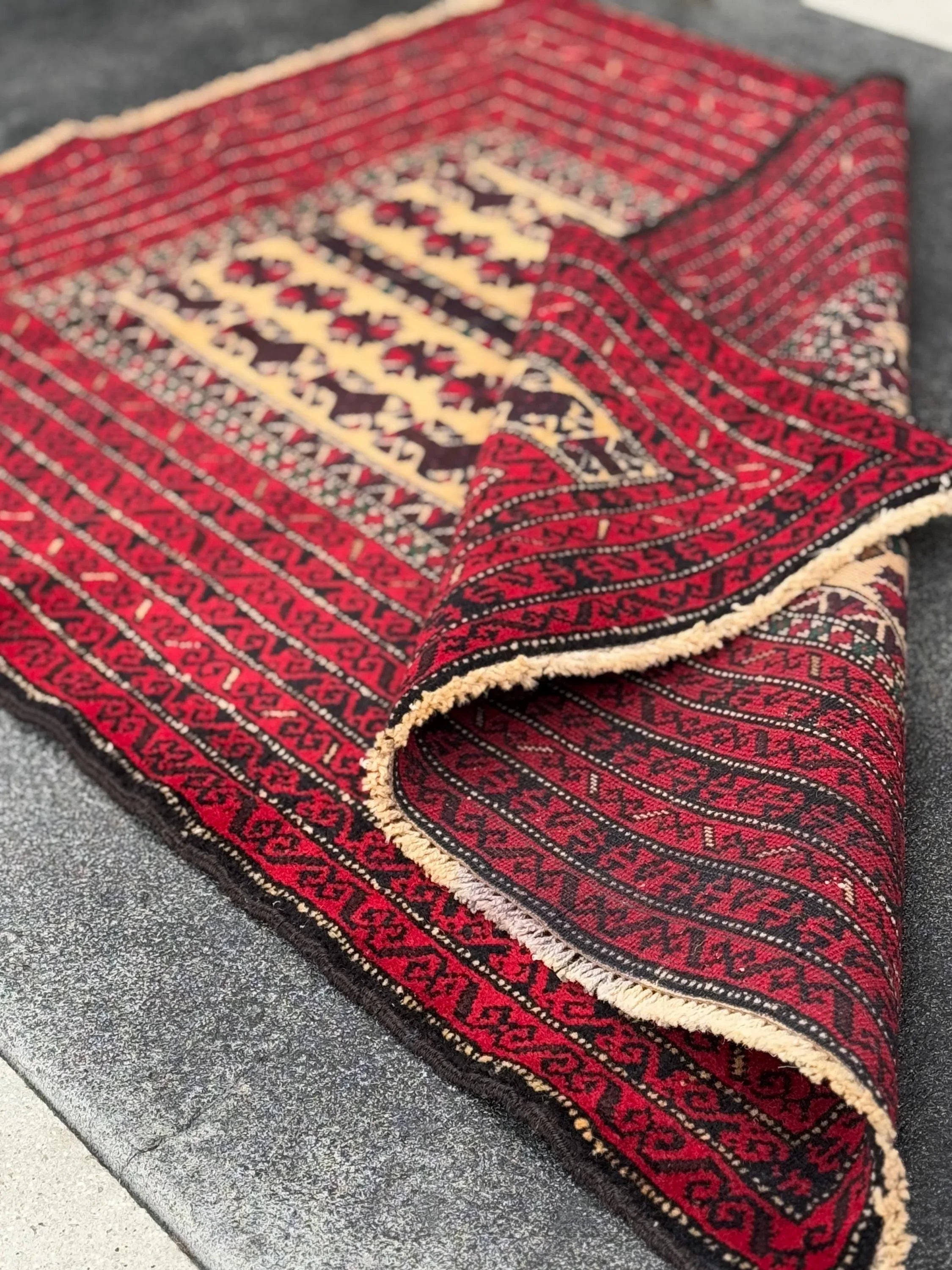 3x4-5 (91x152) Handmade Vintage Afghan Baluch Rug | Crimson Burgundy Wine Red Cream Sand Brown Forest Green Gold | Wool Traditional Persian