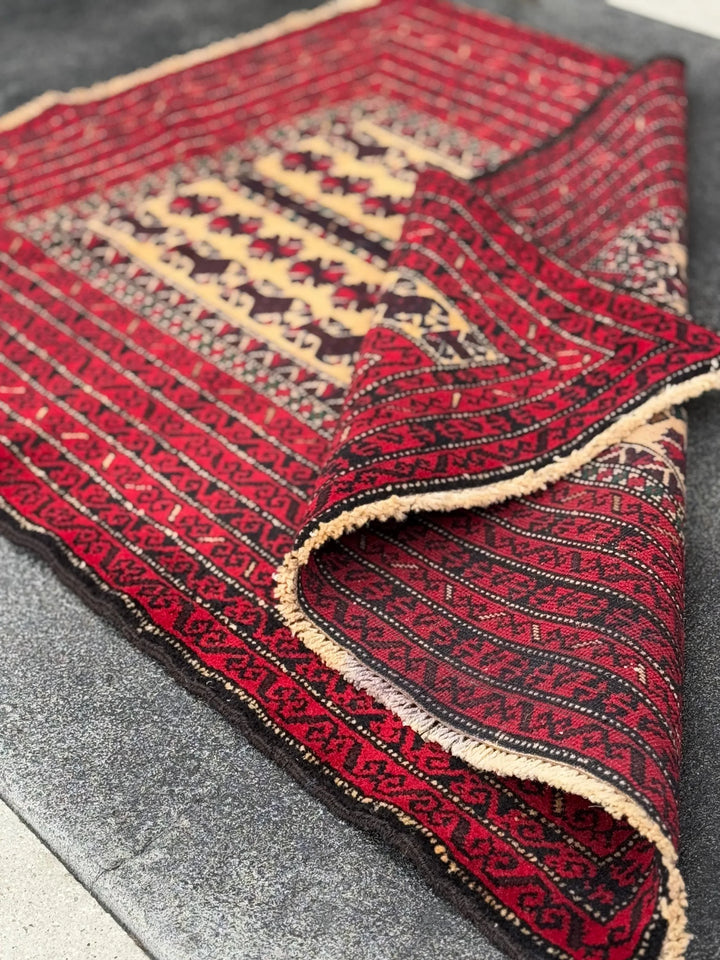 3x4-5 (91x152) Handmade Vintage Afghan Baluch Rug | Crimson Burgundy Wine Red Cream Sand Brown Forest Green Gold | Wool Traditional Persian