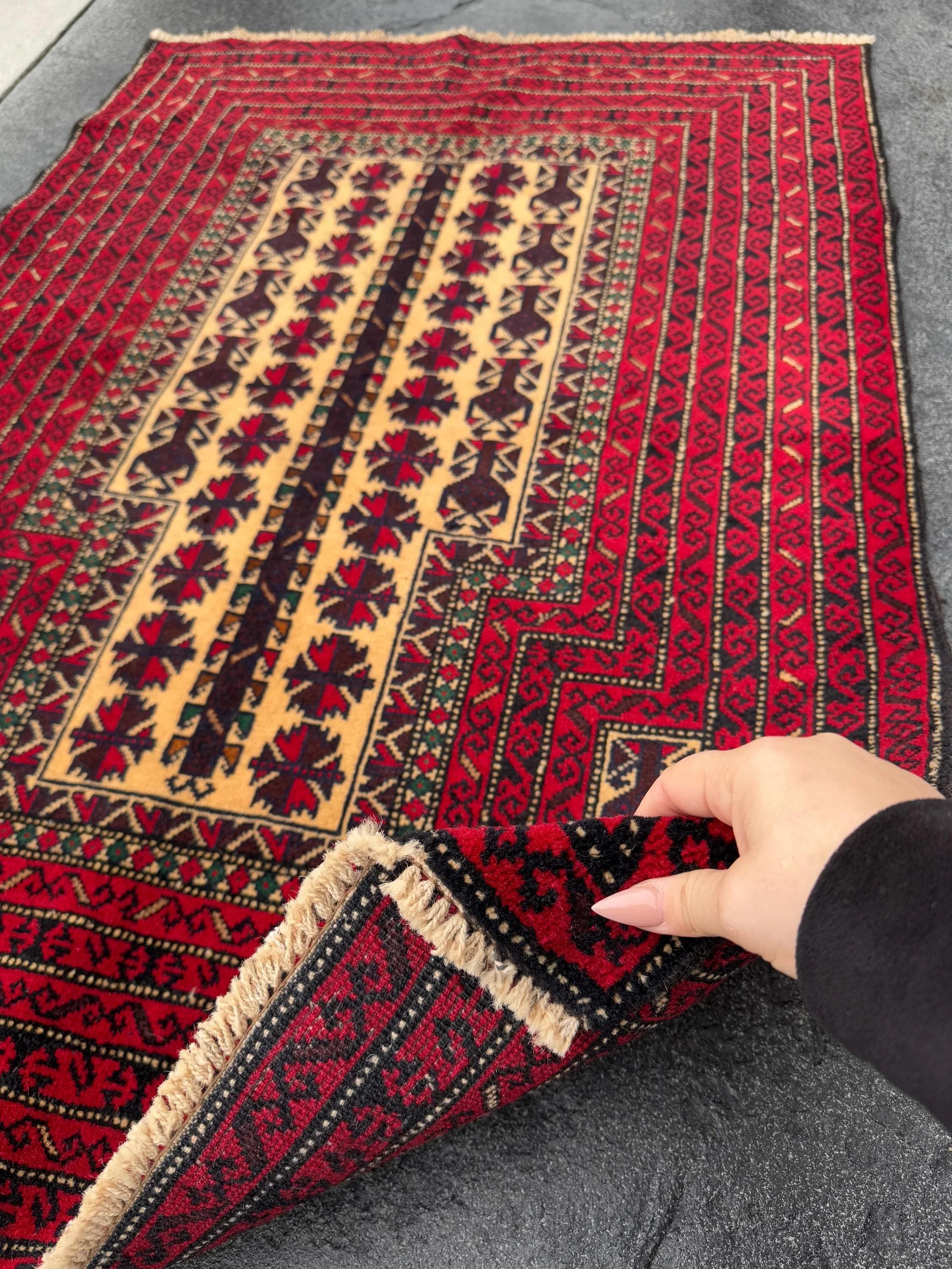 3x4-5 (91x152) Handmade Vintage Afghan Baluch Rug | Crimson Burgundy Wine Red Cream Sand Brown Forest Green Gold | Wool Traditional Persian