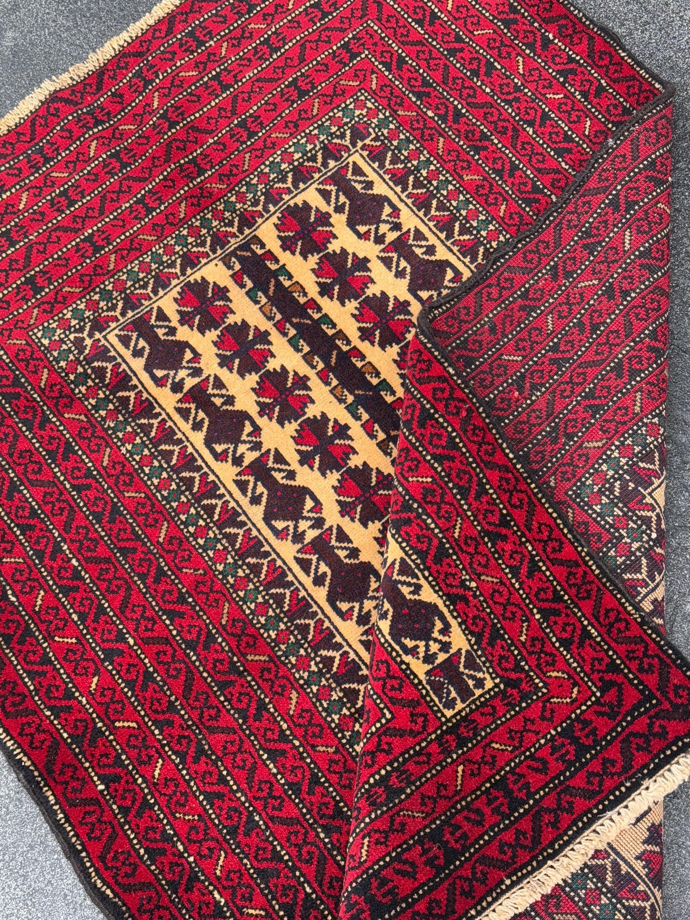 3x4-5 (91x152) Handmade Vintage Afghan Baluch Rug | Crimson Burgundy Wine Red Cream Sand Brown Forest Green Gold | Wool Traditional Persian