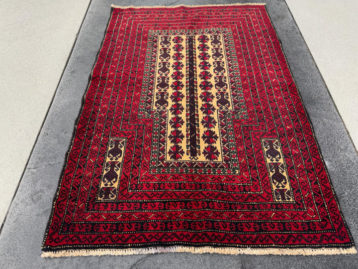 3x4-5 (91x152) Handmade Vintage Afghan Baluch Rug | Crimson Burgundy Wine Red Cream Sand Brown Forest Green Gold | Wool Traditional Persian
