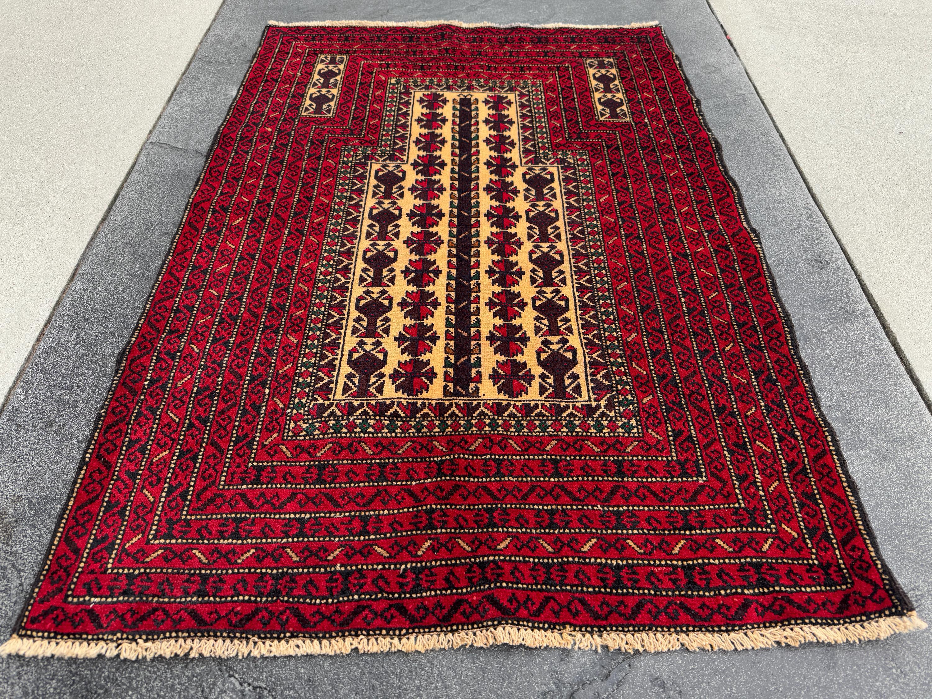 3x4-5 (91x152) Handmade Vintage Afghan Baluch Rug | Crimson Burgundy Wine Red Cream Sand Brown Forest Green Gold | Wool Traditional Persian