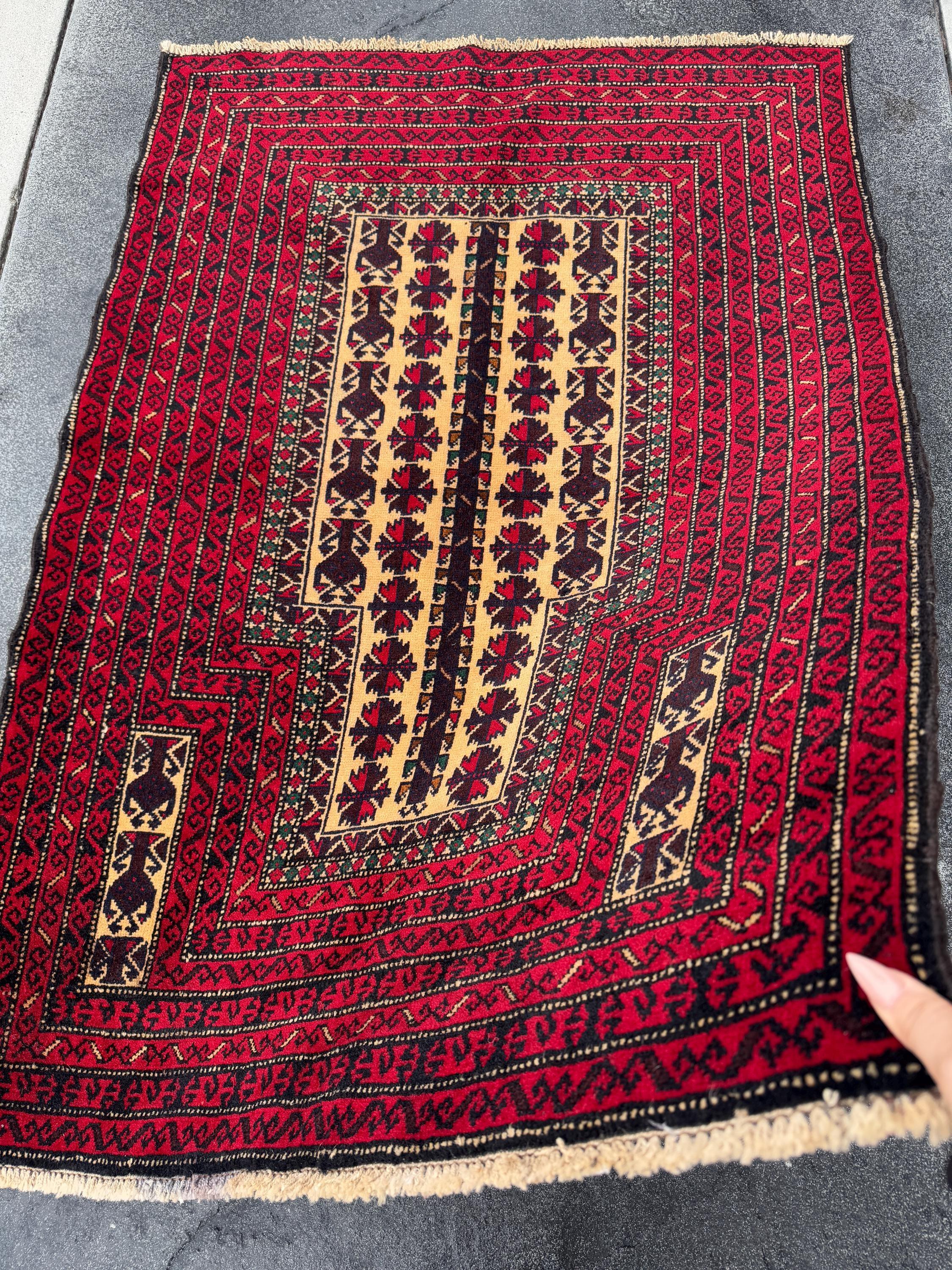 3x4-5 (91x152) Handmade Vintage Afghan Baluch Rug | Crimson Burgundy Wine Red Cream Sand Brown Forest Green Gold | Wool Traditional Persian