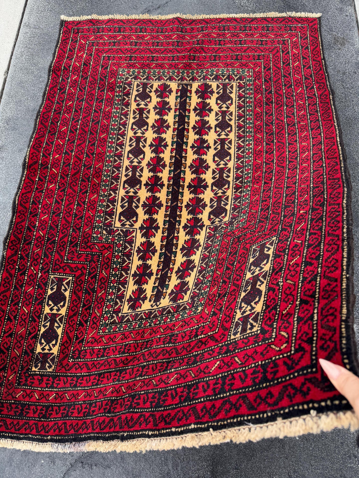3x4-5 (91x152) Handmade Vintage Afghan Baluch Rug | Crimson Burgundy Wine Red Cream Sand Brown Forest Green Gold | Wool Traditional Persian