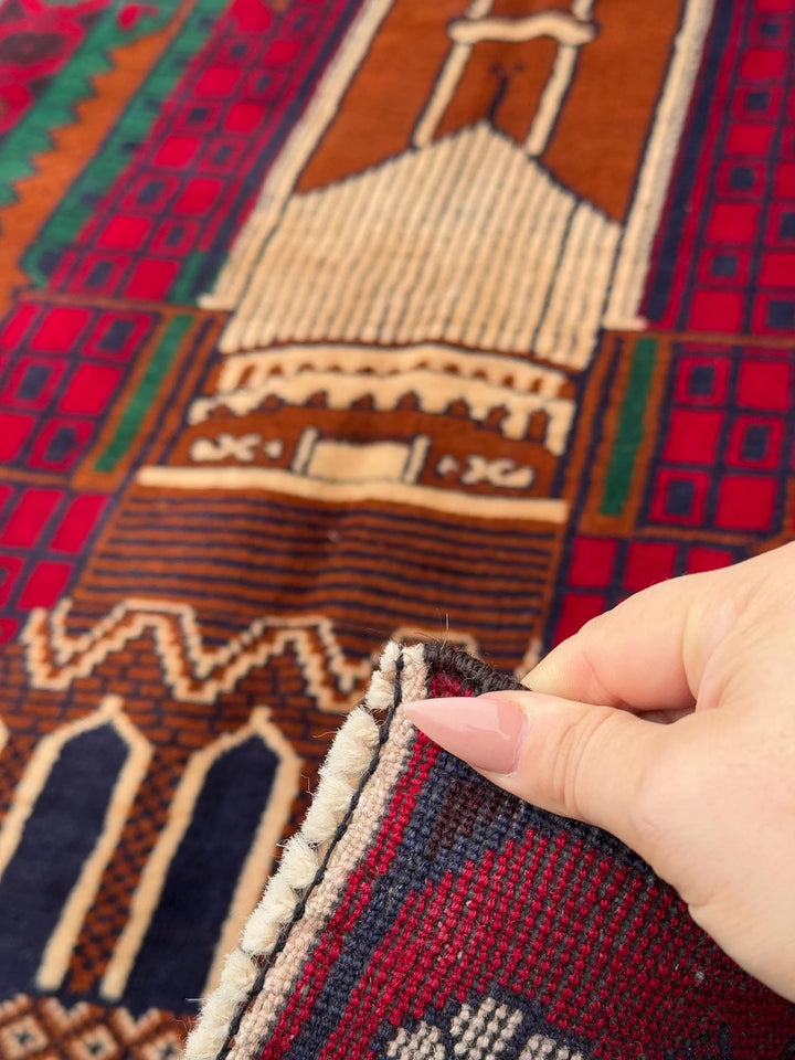3x5 (91x152) Handmade Vintage Afghan Baluch Rug | Crimson Blood Red Midnight Blue Caramel Brown Rust Orange Cream Forest Green | Wool