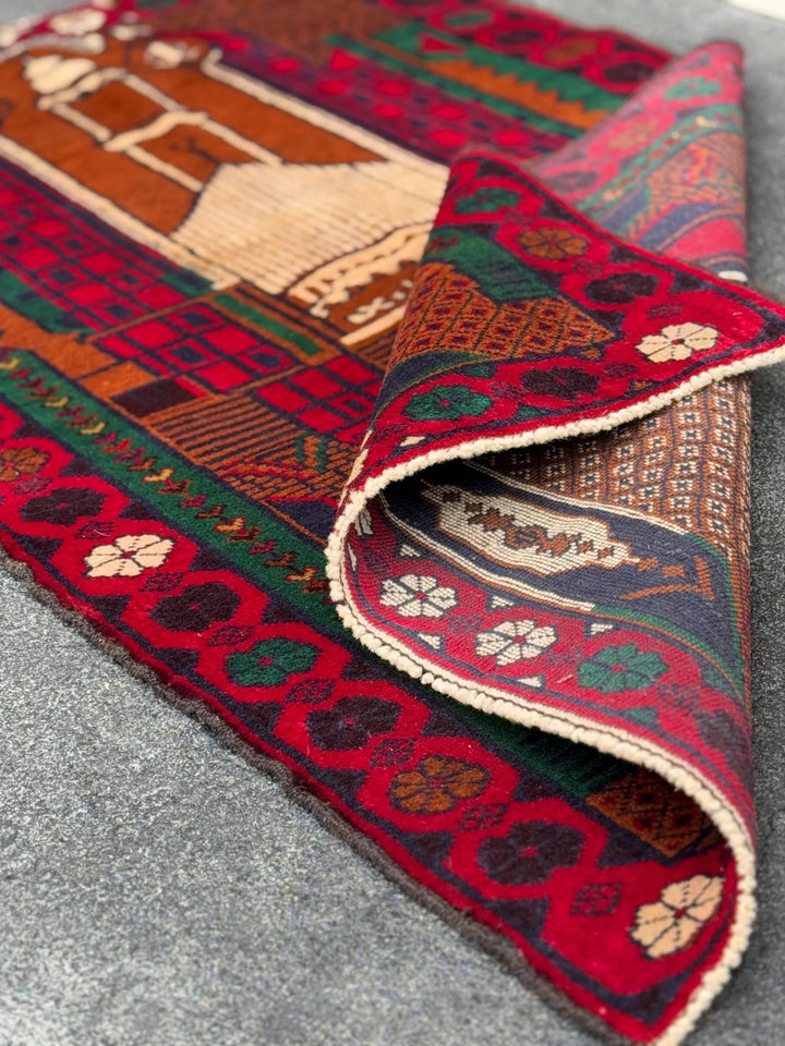 3x5 (91x152) Handmade Vintage Afghan Baluch Rug | Crimson Blood Red Midnight Blue Caramel Brown Rust Orange Cream Forest Green | Wool