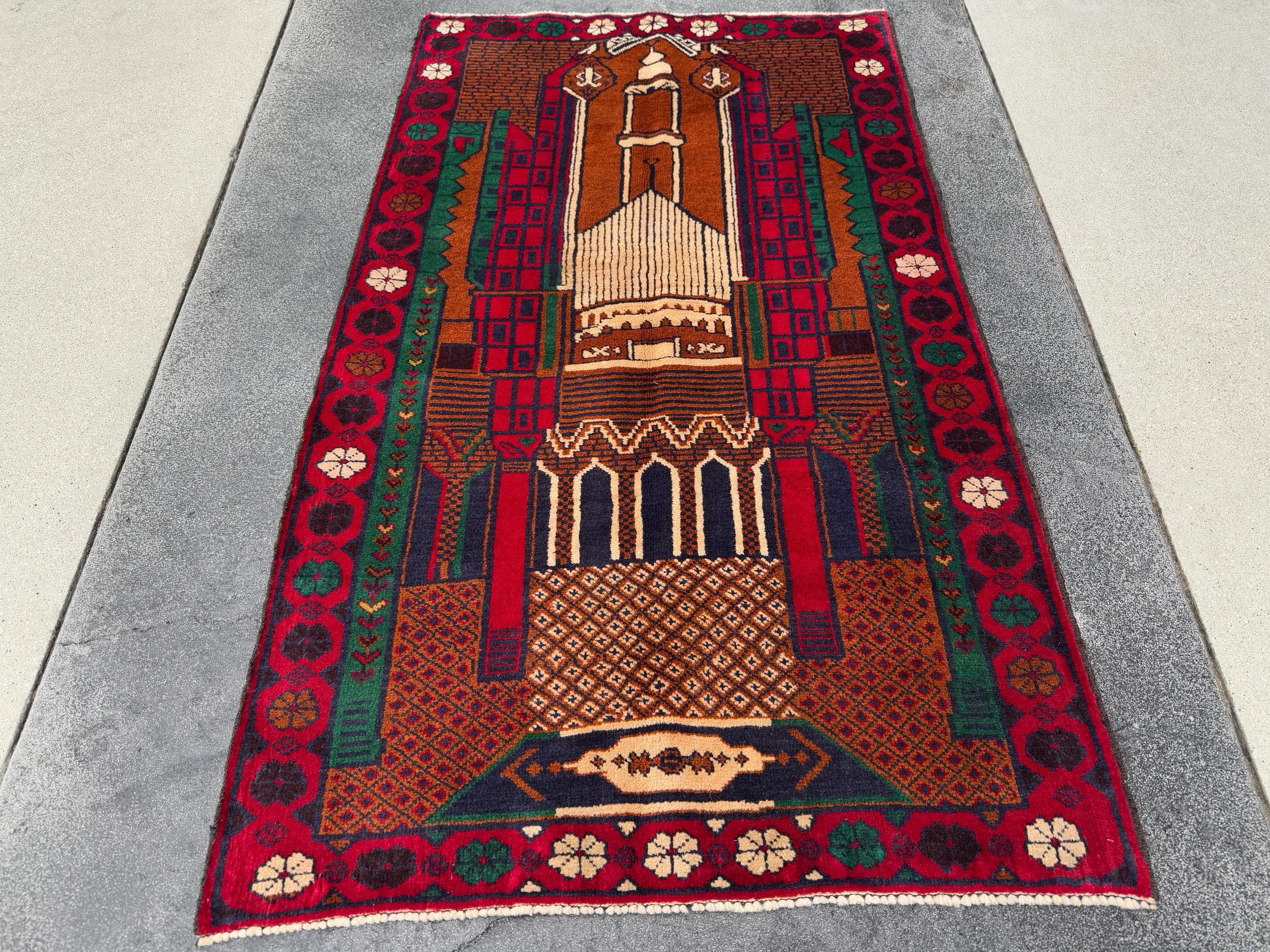 3x5 (91x152) Handmade Vintage Afghan Baluch Rug | Crimson Blood Red Midnight Blue Caramel Brown Rust Orange Cream Forest Green | Wool
