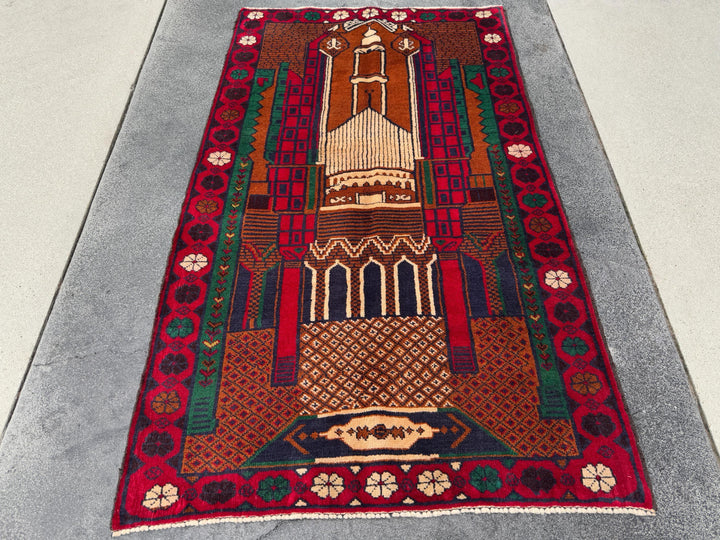 3x5 (91x152) Handmade Vintage Afghan Baluch Rug | Crimson Blood Red Midnight Blue Caramel Brown Rust Orange Cream Forest Green | Wool