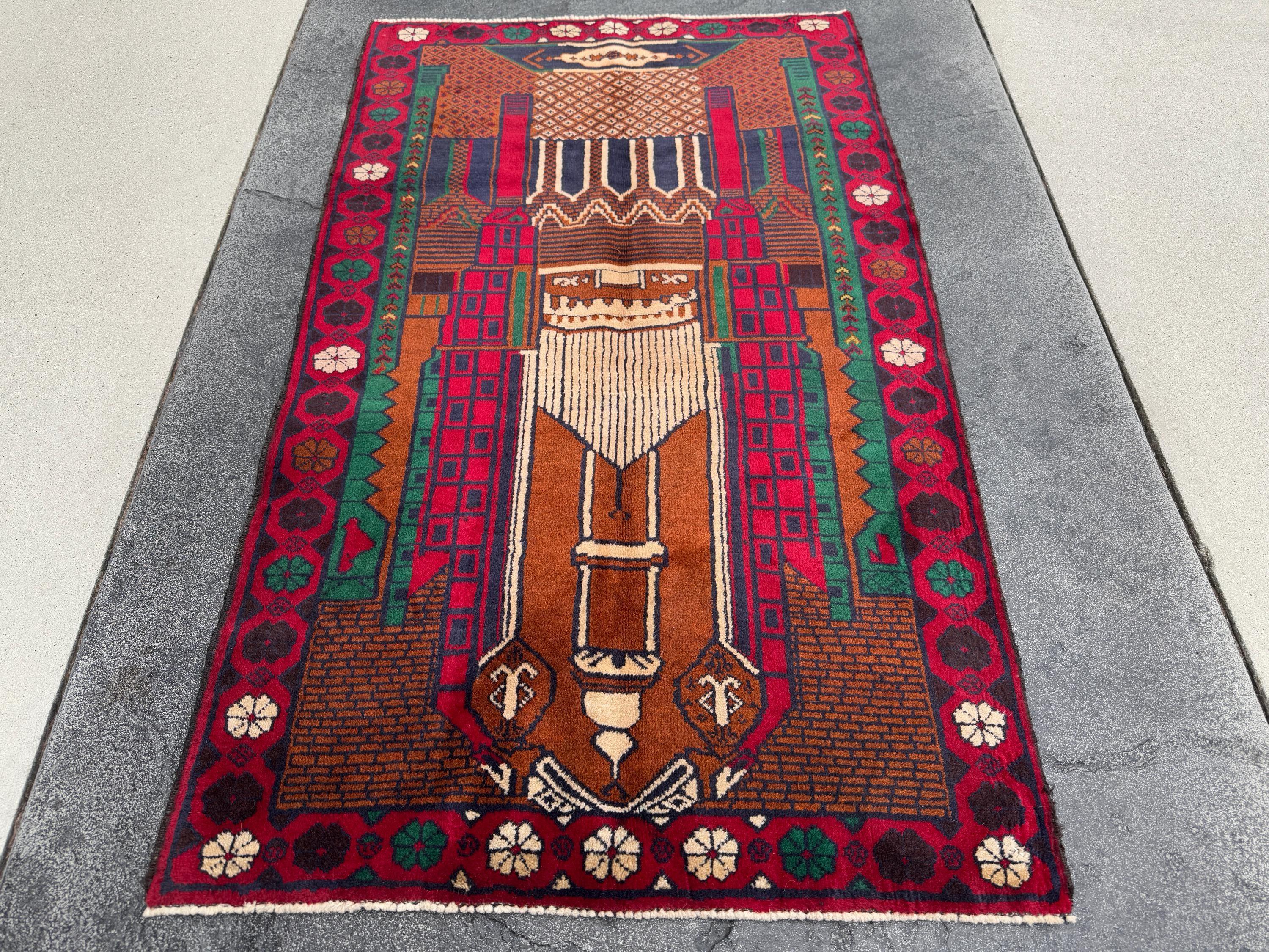 3x5 (91x152) Handmade Vintage Afghan Baluch Rug | Crimson Blood Red Midnight Blue Caramel Brown Rust Orange Cream Forest Green | Wool
