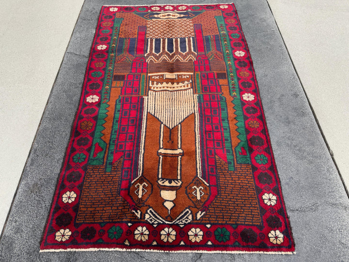3x5 (91x152) Handmade Vintage Afghan Baluch Rug | Crimson Blood Red Midnight Blue Caramel Brown Rust Orange Cream Forest Green | Wool