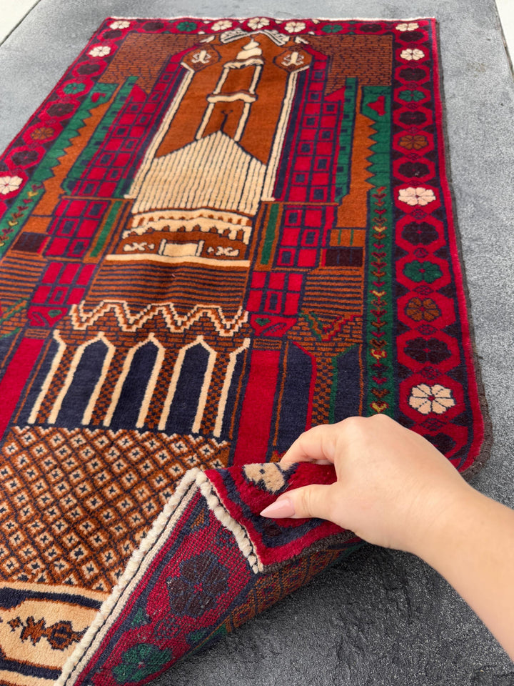 3x5 (91x152) Handmade Vintage Afghan Baluch Rug | Crimson Blood Red Midnight Blue Caramel Brown Rust Orange Cream Forest Green | Wool