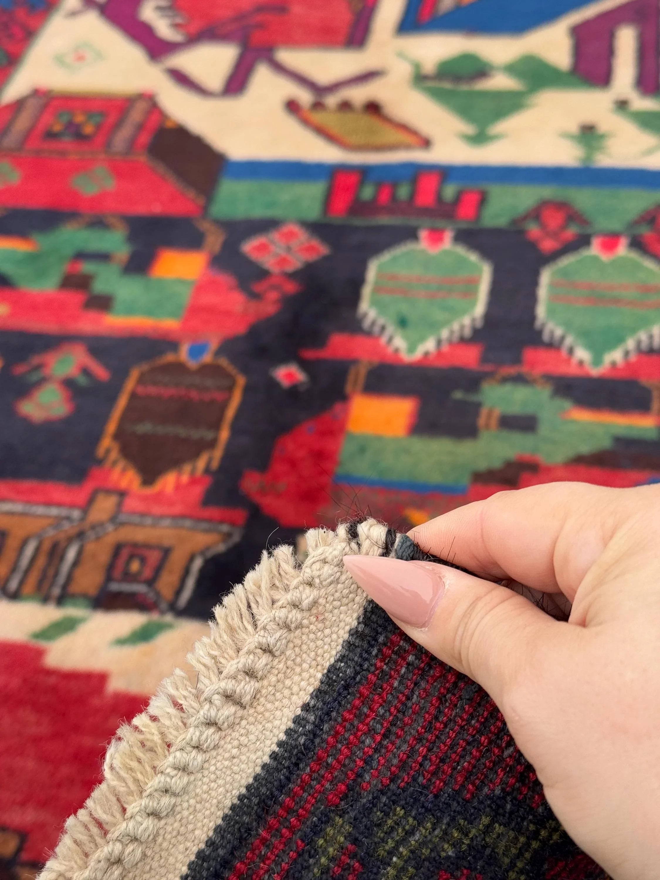 3x5 Handmade Vintage Afghan Baluch Rug Cherry Garnet Brick Red Cream Sand Caramel Chocolate Brown Orange Pine Sage Green Purple Royal Blue