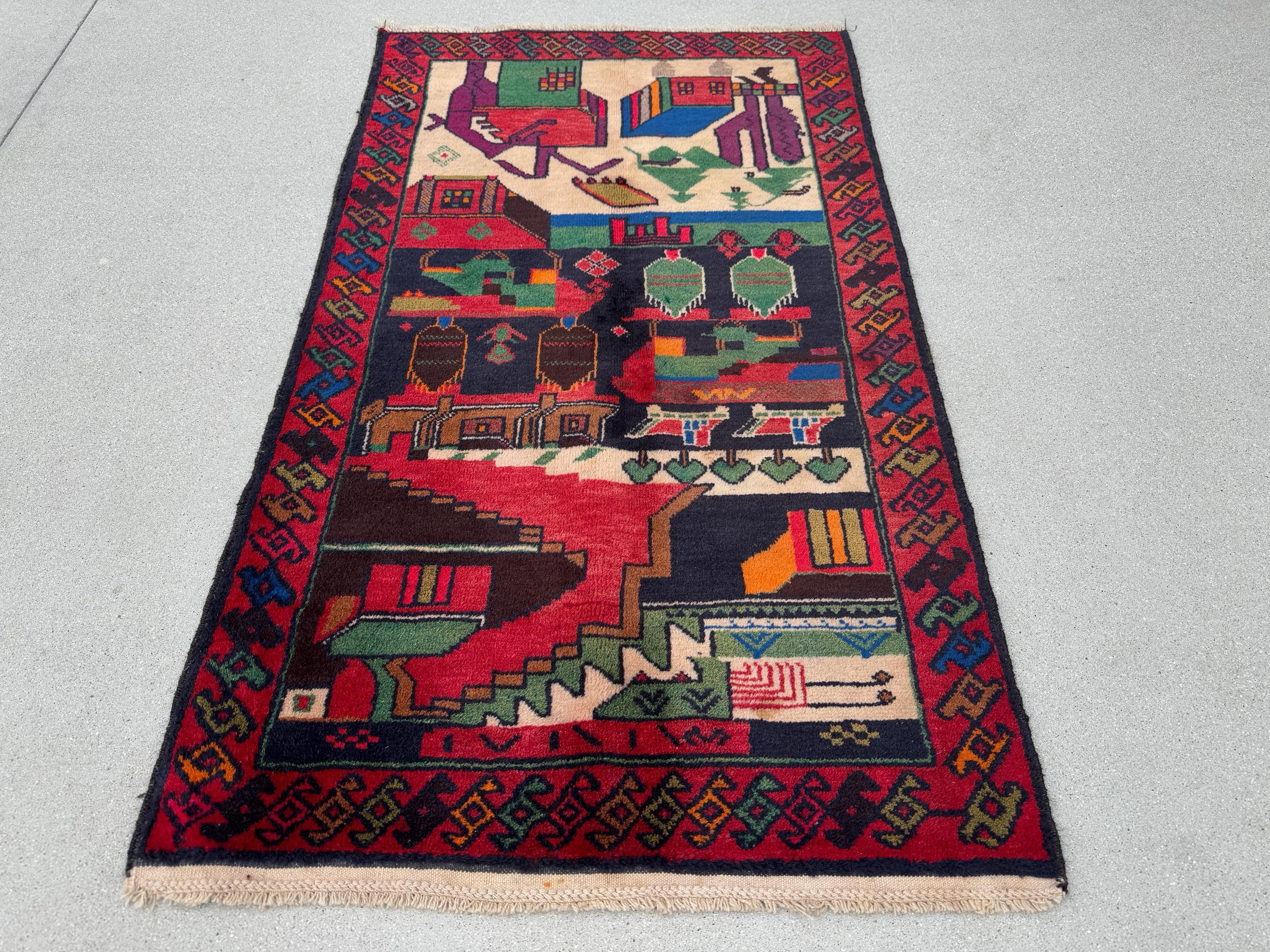 3x5 Handmade Vintage Afghan Baluch Rug Cherry Garnet Brick Red Cream Sand Caramel Chocolate Brown Orange Pine Sage Green Purple Royal Blue