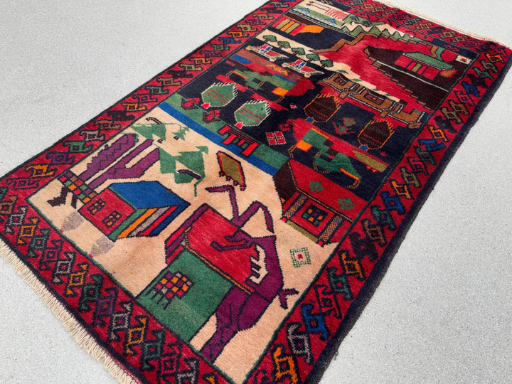 3x5 Handmade Vintage Afghan Baluch Rug Cherry Garnet Brick Red Cream Sand Caramel Chocolate Brown Orange Pine Sage Green Purple Royal Blue